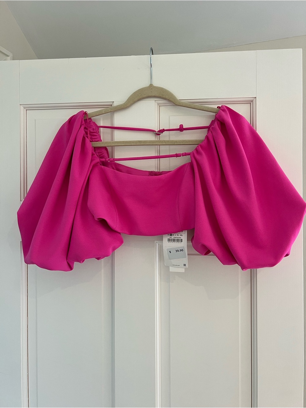 NWT Zara Hot Pink Puff Sleeve Crop Top